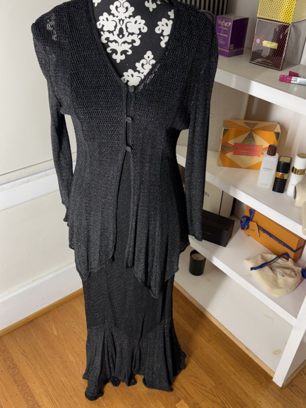 Vtg Damianou 2PC Dress Set Womens M Black Silver Gown Lace Shimmer dropped waist